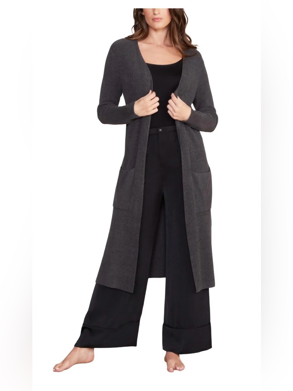 BAREFOOT DREAMS CozyChic Ultra Lite Ribbed Long Cardi Duster in Carbon | S